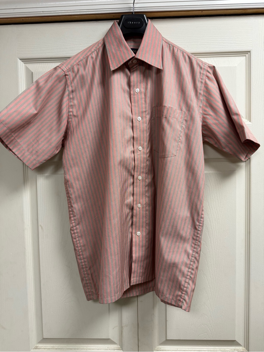 Vintage Cambridge Gray Red Hereingbone Stripe Short Sleeve Button Down Shirt 40